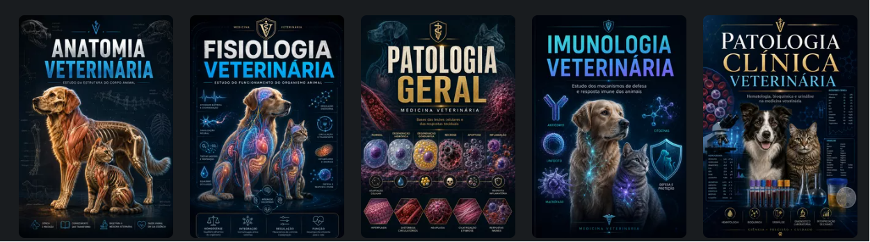 Capas dos conteúdos de Anatomia, Fisiologia, Patologia, Imunologia e Patologia Clínica Veterinária